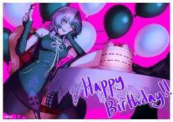 1girl ;d balloon black_arm_warmers black_choker black_dress black_hair black_thighhighs breasts cake choker cleavage dress food fork fruit grey_hair hazel_(hzlform) highres holding holding_fork hololive hololive_english leg_up long_hair multicolored_hair one_eye_closed open_mouth ribbon shiori_novella shiori_novella_(1st_costume) sitting smile solo split-color_hair strawberry strawberry_shortcake studded table tablecloth thighhighs virtual_youtuber white_ribbon yellow_eyes