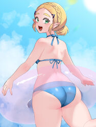 1girl alternate_costume ass bikini blonde_hair blue_background blue_bikini braid commentary_request cowboy_shot crown_braid from_behind green_eyes highres looking_at_viewer looking_back nintendo open_mouth pointy_ears ponytail princess_zelda short_hair short_ponytail solo swim_ring swimsuit the_legend_of_zelda the_legend_of_zelda:_tears_of_the_kingdom wasabi_(legemd)
