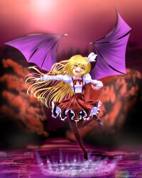 1girl bat_wings blonde_hair bow elis_(touhou) facial_mark flower flying hair_bow hair_flower hair_ornament hexagram korumoran long_hair long_sleeves open_mouth pantyhose pointy_ears red_bow red_skirt shirt skirt smile solo star_(symbol) vest white_shirt wings