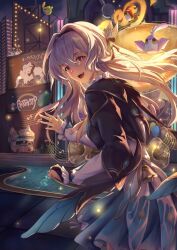 1girl balloon banner black_hairband black_jacket black_swan_(honkai:_star_rail) breasts bridal_gauntlets firefly_(honkai:_star_rail) grey_hair hair_between_eyes hair_intakes hair_ornament hairband highres honkai:_star_rail honkai_(series) jacket long_hair long_sleeves looking_at_viewer looking_back medium_breasts munatus musical_note neckerchief neon_lights open_mouth orange_neckerchief pink_eyes sheet_music smile solo