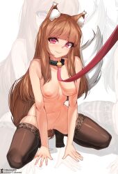 1girl animal_ears bdsm bell blunt_bangs breasts brown_hair brown_thighhighs closed_mouth collar full_body highres holo kneeling leash likunea long_hair looking_at_viewer medium_breasts multiple_girls navel neck_bell nipples nude pussy_juice pussy_juice_puddle red_eyes slave smile spice_and_wolf tail thighhighs viewer_holding_leash wolf_ears wolf_girl wolf_tail zoom_layer