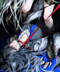 2girls absurdres animal_ears ara_200117 arknights black_boots black_hair blue_gloves boots gloves highres lappland_(arknights) lappland_the_decadenza_(arknights) long_hair multiple_girls neck_ribbon red_ribbon ribbon shirt tail texas_(arknights) texas_(willpower)_(arknights) white_hair white_shirt white_tail