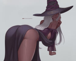 absurdres ass black_background black_dress black_lips breasts cleavage colored_skin cowboy_shot curtained_hair dress elden_ring elden_ring_nightreign glowing hat hat_over_eyes highres huge_ass huge_breasts large_hat lipstick long_hair looking_at_viewer looking_back makeup parted_lips patreon_username paukpunkk recluse_(elden_ring) shiny_skin sleeves_past_fingers sleeves_past_wrists smile wavy_hair white_hair wide_hips wide_sleeves witch witch_hat