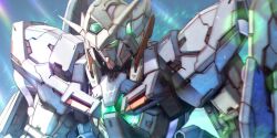 armor character_request glowing glowing_eyes green_eyes gundam holding holding_shield mecha robot shield solo upper_body wasabi_(payan)