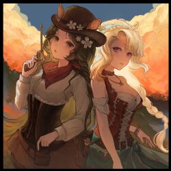 2girls :o alternate_costume animal_ears back-to-back backlighting bare_shoulders black_border blonde_hair blonney blue_hairband blue_sky border breasts brown_corset brown_eyes brown_hair brown_hat cleavage cloud corset deer_ears deer_girl ear_tag ears_through_headwear flower green_skirt gun hair_flower hair_ornament hairband hand_up handgun hat hegai highres holding holding_gun holding_weapon jessica_(reverse:1999) long_hair long_sleeves medium_breasts multiple_girls neckerchief off_shoulder official_alternate_costume purple_eyes red_neckerchief reverse:1999 revision revolver shirt short_sleeves skirt sky upper_body weapon white_shirt