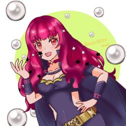 1girl belt bodysuit breasts choker cleavage clothing_cutout e_m_a facial_mark fire_emblem fire_emblem_engage gold_belt hair_ornament looking_at_viewer medium_breasts nintendo pink_choker purple_bodysuit side_cutout solo star_(symbol) star_facial_mark star_hair_ornament yellow_belt yunaka_(fire_emblem)