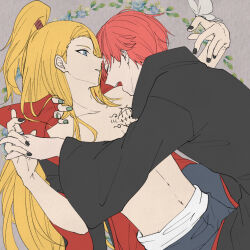 Rule 34 | 2boys, akatsuki uniform, biting, biting shoulder, black nails, blonde hair, blue eyes, blue flower, closed eyes, deidara (naruto), eyeliner, flower, green nails, hand on another&#039;s neck, hayamin35, high ponytail, highres, holding hands, jewelry, leaf, long hair, looking at another, makeup, male focus, multiple boys, naruto (series), naruto shippuuden, open clothes, open mouth, open robe, pants, ponytail, red hair, ring, robe, sasori (naruto), short hair, simple background, stitches, tattoo, yaoi