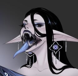 1girl aleriia_v big_mouth black_hair blue_tongue colored_tongue fangs long_tongue pointy_ears sharp_teeth tagme teeth tongue