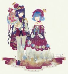 1boy 1girl ahoge androgynous bare_shoulders blue_eyes blue_hair borrowed_character bouquet box cape choker crown dress closed_eyes floral_print flower gift gift_box head_wreath heterochromia highres holding holding_bouquet holding_gift jewelry kamal_(pixiv_fantasia) long_hair mini_crown necklace off-shoulder_dress off_shoulder open_mouth pixiv_fantasia pixiv_fantasia_4 pointy_ears purple_hair ribbon short_hair smile strapless strapless_dress sumisu_(rinsumi) yellow_eyes