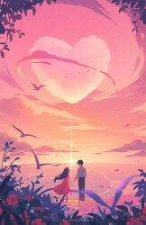 1boy 1girl artist_name bird black_hair black_pants cloud cloudy_sky dress flower from_behind highres holding_hands horizon huhv. long_hair original outdoors pants petals pink_dress pink_sky red_flower scenery shirt short_hair sky standing star_(sky) sun sunset water white_shirt