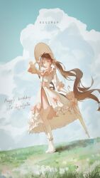 1girl absurdres animal_ears arknights artist_name bonnet bosimap bow brown_hair character_name closed_umbrella dress eyjafjalla_(ambience_synesthesia)_(arknights) eyjafjalla_(arknights) gloves happy_birthday highres holding holding_umbrella horns infection_monitor_(arknights) long_hair looking_at_viewer official_alternate_costume pink_bow red_eyes sheep_girl sheep_horns solo twintails umbrella white_dress white_gloves white_umbrella