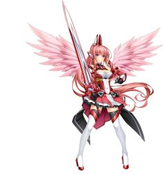 1girl angel_wings bare_shoulders black_gloves boots breasts cleavage cleavage_cutout clothing_cutout covered_navel dress exs-tia_chevalier exs-tia_chevalier_(kouyoku_senki_exs-tia_r) feathered_wings full_body gloves high_heels highres holding holding_sword holding_weapon inoino kouyoku_senki_exs-tia large_breasts long_hair looking_at_viewer medium_breasts pink_hair pink_wings ponytail purple_eyes rieszverne_suzette_paladill skirt solo standing sword tachi-e thigh_boots thighhighs transparent_background very_long_hair weapon wings zettai_ryouiki