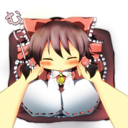 1girl :&lt; bad_id bad_pixiv_id blush bow brown_hair cheek_pinching chibi detached_sleeves closed_eyes female_focus from_above hair_bow hakurei_reimu japanese_clothes miko pasutel pinching ribbon short_hair solo touhou wide_sleeves