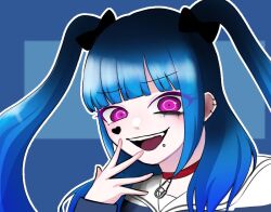 1girl amemiya_darumi blue_background blue_hair collar collarbone ear_piercing face_piercing female_focus hand_up lip_piercing looking_at_viewer makeup open_mouth piercing pink_eyes runny_makeup safety_pin shirt simple_background solo striped_clothes striped_shirt teeth the_hundred_line_-last_defense_academy- tongue twintails upper_teeth_only