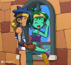 1boy 1girl against_window anal animated animated_gif armband artist_name bandana bare_arms bare_legs bare_shoulders blue_hair bolo_(shantae) boots bouncing_breasts breasts cleft_of_venus closed_eyes clothed_sex colored_skin doggystyle earrings gloves green_hair green_skin hands_on_own_hips happy_sex headband hetero indoors jewelry moaning monster_girl no_panties open_mouth pixiv_id pussy rottytops severed_pencil sex sex_from_behind shantae_(series) shantae_and_the_pirate&#039;s_curse shirt shoes skull_earrings sky socks stitched_arm stitched_leg stitches stone_wall testicles uncensored vest wall wayforward white_shirt window zombie zombie_girl