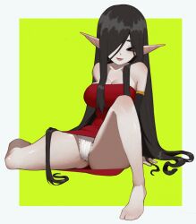 1girl anemoneeanemone bare_legs bare_shoulders barefoot black_eyes black_hair borrowed_character breasts cleavage detached_sleeves dress feet frilled_panties frills full_body green_background hair_over_one_eye highres large_breasts licorice_(justadrian) long_hair long_pointy_ears looking_at_viewer one_eye_covered original pale_skin panties parted_lips pointy_ears red_dress short_dress simple_background sitting solo spread_legs strapless strapless_dress underwear very_long_hair white_panties