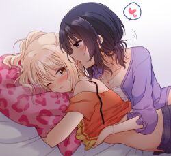 Rule 34 | 2girls, asaka karin, blonde hair, blue eyes, blush, bracelet, breasts, cleavage, closed mouth, clothes lift, commentary request, ear licking, earrings, grabbing another&#039;s breast, grabbing from behind, gradient background, groping, heart, hoop earrings, hugging object, jewelry, kuroda roku (345), large breasts, licking, long hair, love live!, love live! nijigasaki high school idol club, miyashita ai, multiple girls, necklace, one eye closed, orange eyes, orange shirt, pillow, pillow hug, purple background, purple hair, purple shirt, shirt, shirt lift, spoken heart, sweat, white background, yuri