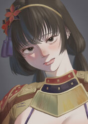 Rule 34 | armor, black hair, boots, breasts, brown eyes, cleavage, ii naotora, large breasts, lips, long hair, looking at viewer, mole, mole on breast, sengoku musou, twintails