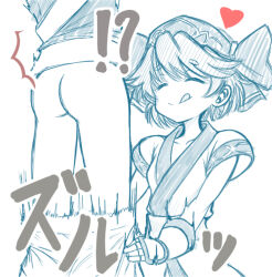 !? 1boy 1girl ainu_clothes ass assertive_female assisted_exposure breasts closed_eyes clothes_pull female_pervert fingerless_gloves gloves hair_ribbon happy heart hisame_shizumaru japanese_clothes kneeling monochrome naughty_face pants pants_pull pantsing pervert pulling_another&#039;s_clothes ribbon rimururu samurai_spirits small_breasts smile snk surprised tongue tongue_out traditional_media