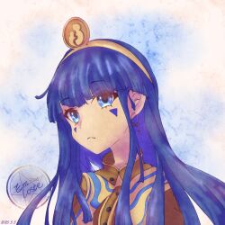 blue_eyes earrings egypt facial_tattoo fossilized_wonders highres jewelry key_earrings long_hair michigami_nareko naughty_face piercing solo tattoo touhou