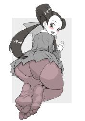 1girl aomoro ass black_hair blush feet long_hair looking_at_viewer looking_back nintendo open_mouth panties panties_under_pantyhose pantyhose pokemon pokemon_oras roxanne_(pokemon) soles toes underwear