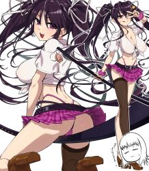 2girls :d :q absurdres alternate_costume alternate_hairstyle ass belt black_belt breasts cameltoe cleavage commentary_request gyaru hair_ribbon high_heels highres holding holding_sheath irokohaku itsuwa kanzaki_kaori large_breasts long_hair miniskirt multiple_girls multiple_views navel ootachi open_mouth panties purple_eyes purple_panties purple_scrunchie purple_skirt ribbon scrunchie sheath sheathed shichiten_shichitou shirt short_sleeves single_thighhigh skirt smile sweatdrop sword_between_thighs thighhighs tied_shirt toaru_majutsu_no_index tongue tongue_out twintails underwear v v_over_eye very_long_hair white_background white_ribbon white_shirt wrist_scrunchie