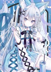 1girl animal_ear_fluff animal_ears black_ribbon blue_bow blue_brooch blue_choker blue_eyes blue_gemstone blue_theme blush bow butterfly_hair_ornament can cellphone center_frills choker detached_sleeves double-parted_bangs drinking_straw earrings energy_drink frills garter_straps gem gradient_eyes hair_between_eyes hair_ornament hair_ribbon hairclip heart heart_hair_ornament highres holding holding_phone iphone iphone_13 jewelry long_hair looking_at_viewer monster_energy multicolored_eyes original phone pointy_ears puffy_sleeves ribbon ring ruuwolf93 sidelocks sitting skirt smartphone solo tail tail_bow tail_ornament thighhighs watermark white_hair white_thighhighs
