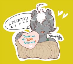 1girl artist_request black_hair breasts closed_eyes female_focus flat_color furry furry_female multicolored_hair open_mouth skunk smile solo upper_body white_hair
