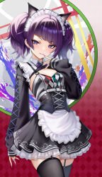 1girl akiei animal_ear_fluff animal_ears black_skirt black_thighhighs breasts cat_ears ear_piercing earrings finger_to_mouth garter_straps gothic_lolita highres idolmaster idolmaster_shiny_colors jewelry layered_skirt lolita_fashion long_sleeves looking_at_viewer maid_headdress miniskirt nail_polish parted_lips piercing purple_eyes purple_hair purple_nails skirt sleeves_past_wrists small_breasts smile solo standing tanaka_mamimi thighhighs twintails underbust wing_collar zettai_ryouiki