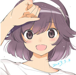 Rule 34 | 1girl, close-up, gym uniform, hairband, hand on forehead, happy birthday, kami nomi zo shiru sekai, looking at viewer, lowres, official art, open mouth, shirt, short hair, solo, takahara ayumi, wakaki tamiki, white background, white hairband, white shirt