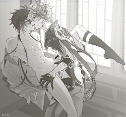 2boys almost_kiss anal blush crotch_rub genshin_impact greyscale hand_on_another&#039;s_thigh highres leg_up male_penetrated monochrome multiple_boys sex sex_on_table spread_legs tartaglia_(genshin_impact) ttmrfkr yaoi zhongli_(genshin_impact)