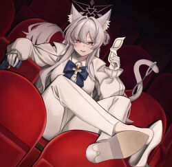 1girl absurdres akira_(blue_archive) animal_ear_fluff animal_ears blue_archive blue_bow blush bow cat_ears cat_girl cat_tail crossed_legs doumu_(31678316) eye_mask grey_hair gun hair_between_eyes handgun high_heels highres holding holding_gun holding_mask holding_weapon jacket long_hair looking_at_viewer mask movie_theater pants parted_lips pink_eyes shirt shoes sidelocks sitting smile solo tail weapon white_jacket white_mask white_pants white_shirt white_shoes