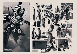 Rule 34 | armored core, armored core: for answer, battle damage, blue eyes, character name, dual wielding, full body, gun, holding, holding gun, holding weapon, humanoid robot, kuroihato, mecha, mecha focus, no humans, robot, science fiction, severed limb, weapon, white glint