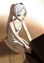 1girl absurdres bare_shoulders barefoot dress earrings elf eyelashes frieren green_eyes grey_hair highres jewelry long_hair looking_at_viewer on_floor parted_lips pointy_ears sitting sleeveless sleeveless_dress solo sousou_no_frieren treasure_chest twintails umashio_potechi-san white_dress wooden_floor