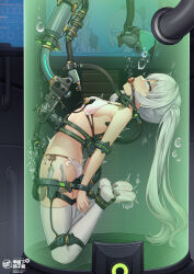 1girl arched_back ball_gag blue_eyes breasts bronya_zaychik bubble cable commentary_request death dildo_gag double_insertion double_penetration execution feet gag gagged grey_hair highres honkai_(series) honkai_impact_3rd legs long_hair mobius_(honkai_impact) no_shoes object_insertion restrained rolling_eyes sex_machine side_ponytail small_breasts snuff soles stasis_tank stationary_restraints submerged theresa_apocalypse thighhighs toes tube underwater vaginal vaginal_object_insertion wiffle_gag x-ray yiduan_zhu