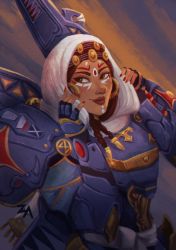1girl alternate_headwear armor bedouin_pharah black_hair blue_gloves braid brown_eyes dark-skinned_female dark_skin earrings facepaint female_focus fingerless_gloves gloves hijab hoop_earrings jewelry lips nail_polish nose official_alternate_costume overwatch overwatch_1 pharah_(overwatch) power_armor solo white_hijab zee_arts