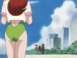 1990s_(style) 1997 1girl 2boys 2girls animated animated_gif ash_ketchum ass brock_(pokemon) brown_eyes brown_hair delia_ketchum denim denim_shorts female_focus gen_1_pokemon green_eyes green_one-piece_swimsuit gym_leader jacket legs long_hair low_ponytail lowres mature_female misty_(pokemon) mother_and_son multiple_boys multiple_girls nintendo one-piece_swimsuit open_clothes open_shirt orange_hair outdoors pikachu pokemon pokemon_(anime) pokemon_(classic_anime) pokemon_ep018 ponytail red_hair retro_artstyle shirt short_hair short_sleeves shorts side_ponytail smile solo standing suspenders swimsuit tagme tank_top yellow_shirt