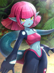 1girl blue_skin breasts colored_skin commentary duna_(fossil_fighters) fangs fossil_fighters gonzarez highres jungle monster_girl nature navel open_mouth pink_hair pointy_ears short_hair small_breasts solo tail