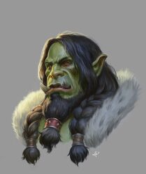 1boy absurdres beard black_hair braid colored_skin facial_hair green_skin grey_background highres long_hair orc original pointy_ears portrait red_eyes simple_background solo tusks uzzzyzzzu