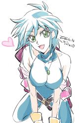 1girl :d allenby_beardsley belt blue_bodysuit blue_hair bodysuit breasts commentary_request cropped_jacket dated g_gundam gloves green_eyes gundam heart jacket jewelry kneeling looking_at_viewer medium_breasts necklace open_clothes open_jacket open_mouth paid_reward_available short_hair skin_tight smile solo translation_request yanada_kiyorin