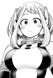 Rule 34 | 1girl, ai-generated, blush stickers, bodysuit, boku no hero academia, breasts, closed mouth, expressionless, female focus, highres, horoyoi drink, large breasts, looking at viewer, monochrome, multicolored bodysuit, short hair, sidelocks, skin tight, solo, uraraka ochako, white background