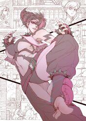 Rule 34 | bracelet, breasts, cammy white, capcom, chun-li, cone hair bun, feet, fighting stance, fingerless gloves, foot up, gloves, green nails, hair bun, han juri, highres, jewelry, jun wu mo, large breasts, legs, long legs, multicolored hair, nail polish, navel, no shoes, one eye covered, red eyes, sash, short eyebrows, short hair, spiked anklet, spiked bracelet, spikes, spread toes, standing, standing on one leg, streaked hair, street fighter, street fighter 6, thick thighs, thighs, toes, translated, v-shaped eyebrows, yin yang