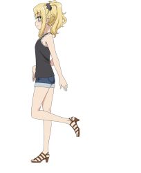 Rule 34 | 1girl, anime coloring, bare shoulders, black camisole, black scrunchie, blonde hair, blue eyes, blush, braid, breasts, camisole, closed mouth, collarbone, denim, denim panties, frilled camisole, frills, from side, full body, hair ornament, hair scrunchie, hand on own hip, leg up, long hair, official art, profile, sandals, scrunchie, seishun buta yarou, short shorts, shorts, side ponytail, simple background, smile, solo, standing, standing on one leg, tamura satomi, thighs, toyohama nodoka, transparent background