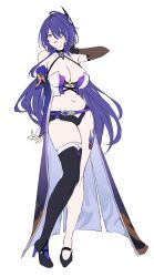 1girl :p absurdres acheron_(honkai:_star_rail) adapted_costume alternate_costume asymmetrical_legwear bare_shoulders black_boots black_gloves black_shoes black_shorts boots breasts commentary criss-cross_halter elbow_gloves full_body gloves hair_ornament halterneck hand_up high_heel_boots high_heels highres honkai:_star_rail honkai_(series) large_breasts leg_tattoo looking_at_viewer navel purple_eyes purple_hair shoes shorts simple_background single_elbow_glove single_thigh_boot solo stomach tattoo thigh_boots tongue tongue_out uneven_legwear unfinished white_background xfate