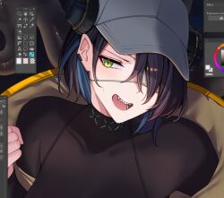 1girl :d arknights asbestos_(arknights) baseball_cap black_hair blue_hair breasts clip_studio_paint_(medium) collar color_wheel commentary ear_piercing english_commentary enough_333 eyepatch green_eyes hair_over_one_eye hat headphones jacket lizard_tail long_sleeves looking_at_viewer multicolored_hair open_mouth piercing sharp_teeth short_hair simple_background smile solo sweatdrop tail teeth unfinished upper_body window_(computing) yellow_jacket