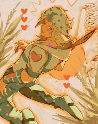 Rule 34 | 1boy, beanie, birthmark, blonde hair, blush, commentary, english commentary, feathers, green eyes, green lips, green nails, green pants, hat, heart, heart ornament, highres, hood, hood down, hoodie, horse print, horseshoe hat ornament, horseshoe ornament, joestar birthmark, johnny joestar, jojo no kimyou na bouken, kneeling, looking at viewer, looking back, makeup, male focus, medium hair, pants, primsheep, short sleeves, solo, star (symbol), star print, steel ball run, two-tone sleeves, white hat, white hoodie