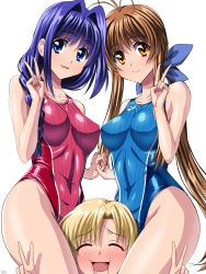 Rule 34 | 00s, 1boy, 2girls, arena (company), blue eyes, braid, brown hair, clannad, company connection, competition swimsuit, crossover, double v, furukawa sanae, girl sandwich, hair intakes, hair over shoulder, kanon, key (company), long hair, mature female, minase akiko, multiple girls, one-piece swimsuit, orange eyes, purple hair, sandwiched, sen (sansui), single braid, sunohara youhei, swimsuit, v