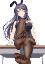 1girl absurdres black_hair blush feet highres leotard long_hair looking_at_viewer pantyhose playboy_bunny purple_eyes sakurajima_mai seishun_buta_yarou soles taqielang toes