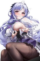1girl absurdres blush bow bowtie breasts brown_pantyhose center_frills closed_mouth flying_sweatdrops frilled_shirt frills hair_ribbon highres holding large_breasts long_hair long_sleeves multicolored_hair pantyhose pink_eyes pointy_ears purple_bow purple_bowtie purple_hair purple_ribbon ribbon shiranui_(nisioisin_sinob) shirt sideboob simple_background sitting skirt solo streaked_hair sweat thighs two-tone_hair underbust vivian_banshee white_background white_shirt white_skirt zenless_zone_zero