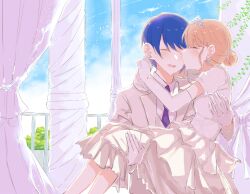 2girls arms_around_neck blue_sky carrying closed_eyes commentary_request curtains day dress earrings elbow_gloves gloves hanasato_minori highres indoors jacket jewelry kiritani_haruka kiss kissing_cheek multiple_girls necktie open_mouth princess_carry project_sekai purple_necktie shirt sky smile sono_(soharuu) stud_earrings tiara vest wedding white_dress white_gloves white_jacket white_shirt white_vest wife_and_wife yuri